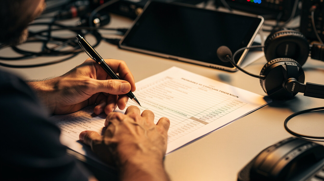 Producer reviewing a live broadcast rundown script backstage before a show