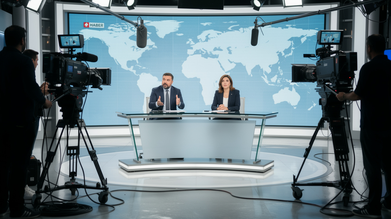 Tense moment in a television studio during a live broadcast with journalists reacting